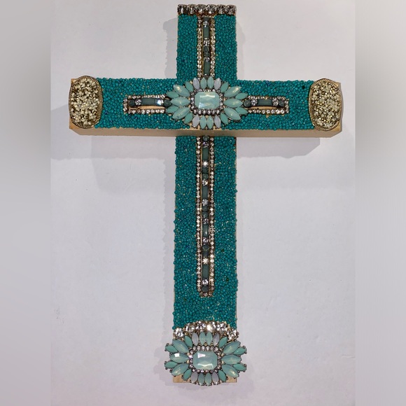 Artisinal Other - Wood ✝️ w/Repurposed Jewelry Turquoise, Silver, Gold, Colors & Rhinestones